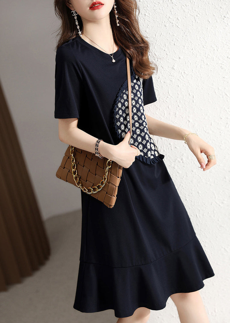 Navy O Neck Ruffled Patchwork Cotton Dresses Summer