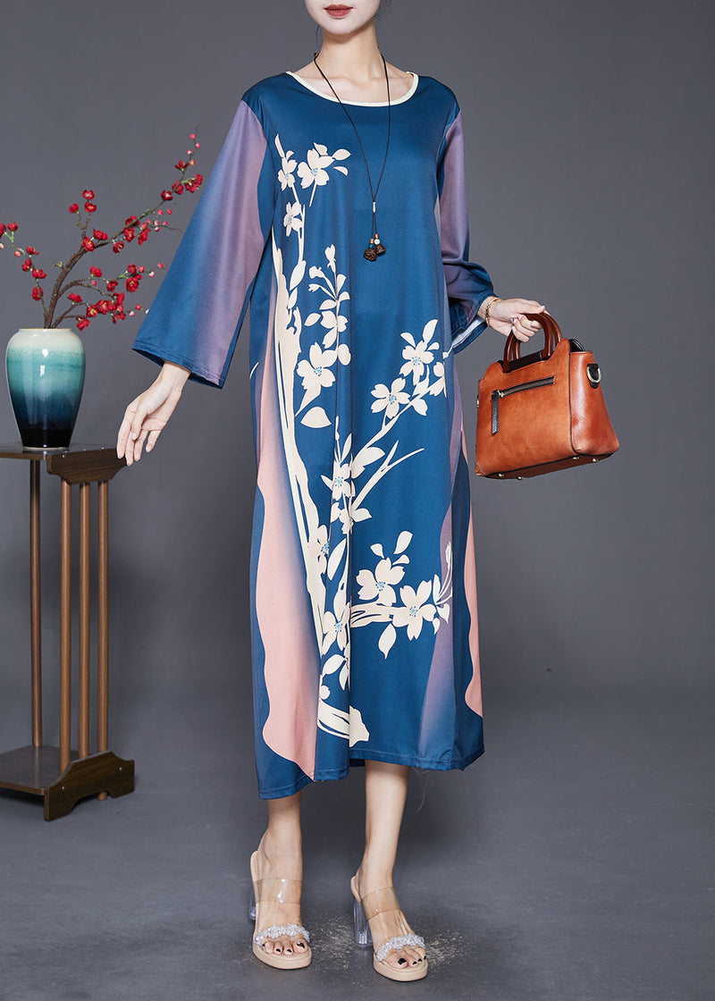 Navy Oversized Print Silk Long Dress Fall