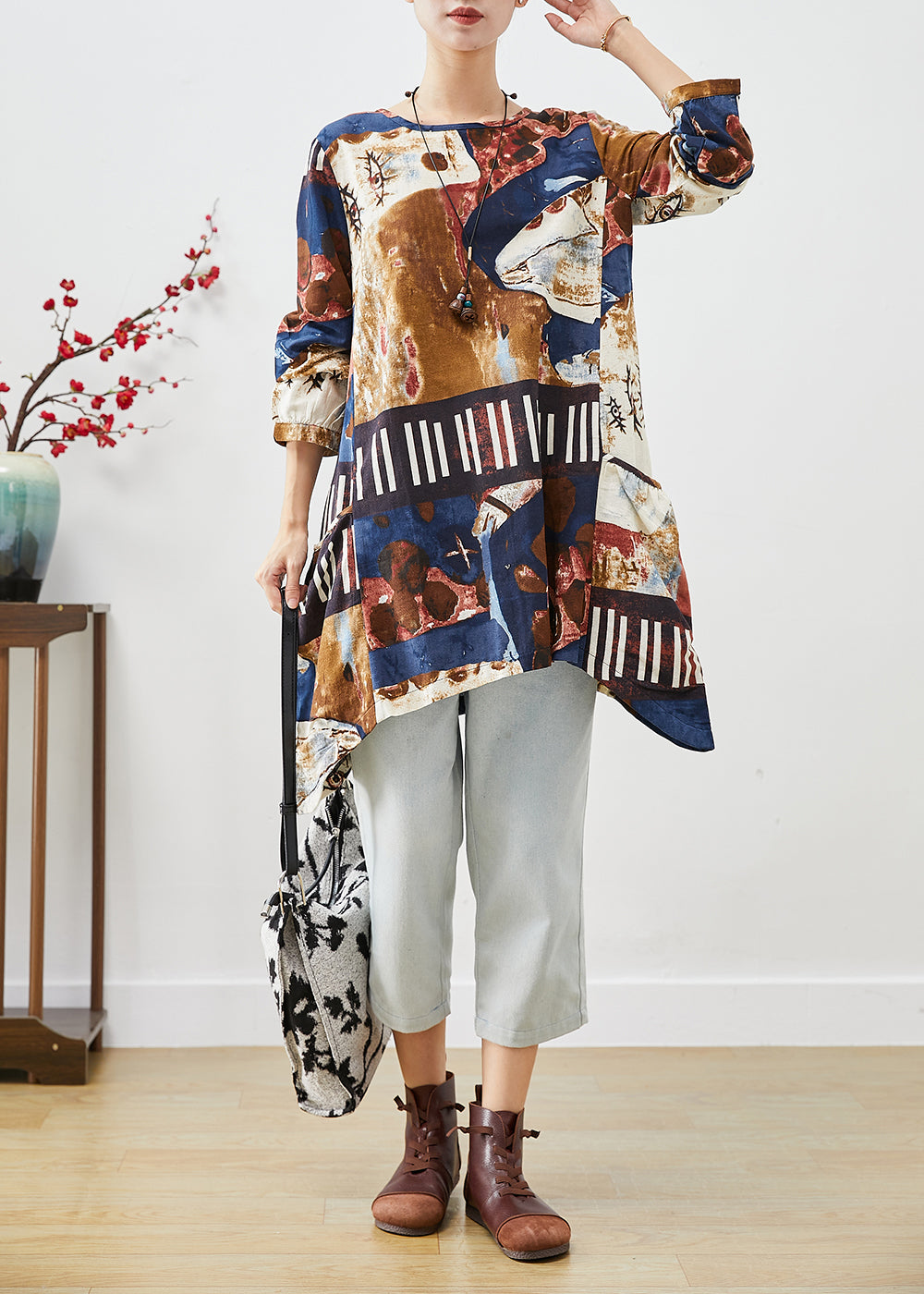 Navy Oversized Tie Dye Cotton Shirt Dress Fall