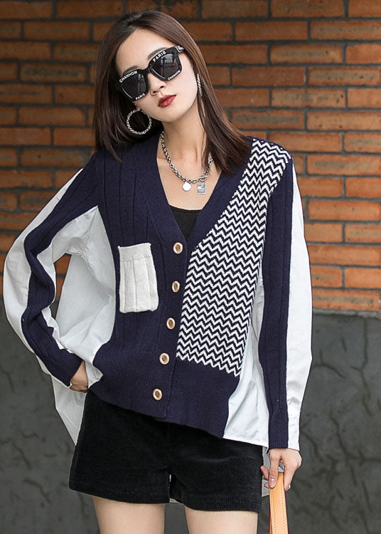 Navy Patchwork Asymmetrical Design Button Fall Long Sleeve Top