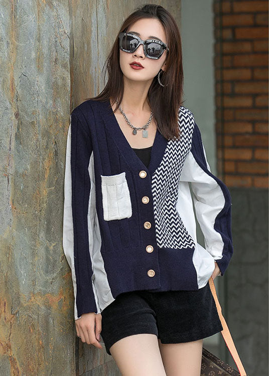 Navy Patchwork Asymmetrical Design Button Fall Long Sleeve Top