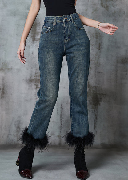 Navy Patchwork Feather Denim Pants Trousers Spring