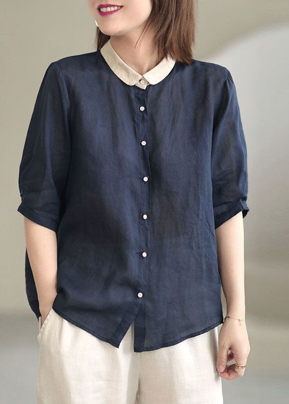 Grey Flower Peter Pan Collar Button Loose Fall Half Sleeve Shirt Tops