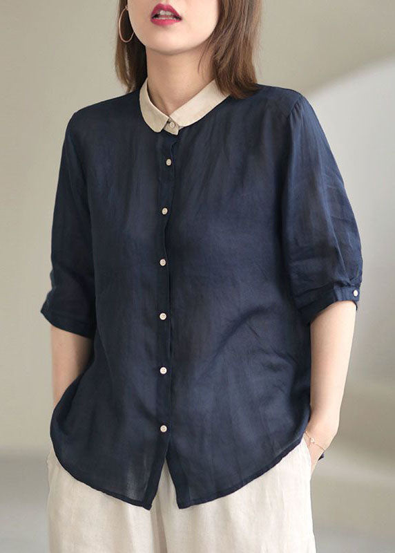 Grey Flower Peter Pan Collar Button Loose Fall Half Sleeve Shirt Tops