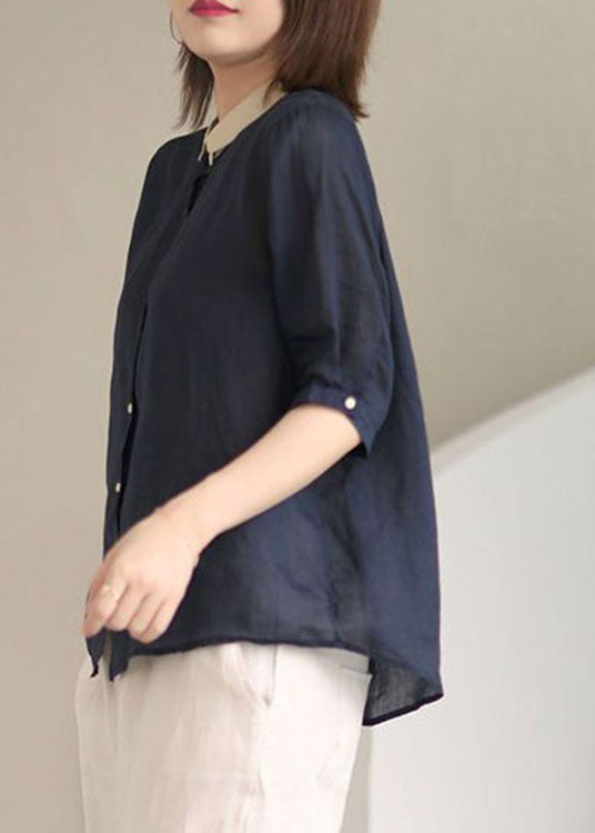 Grey Flower Peter Pan Collar Button Loose Fall Half Sleeve Shirt Tops