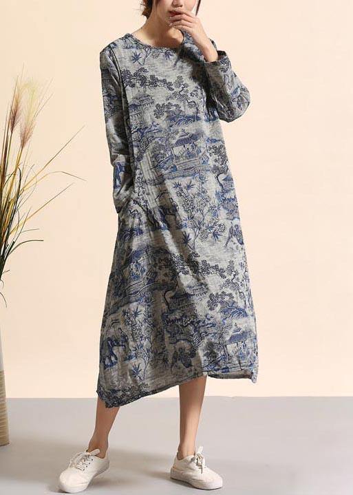 Navy Print Quilting Dresses O Neck Pockets Maxi Dresses