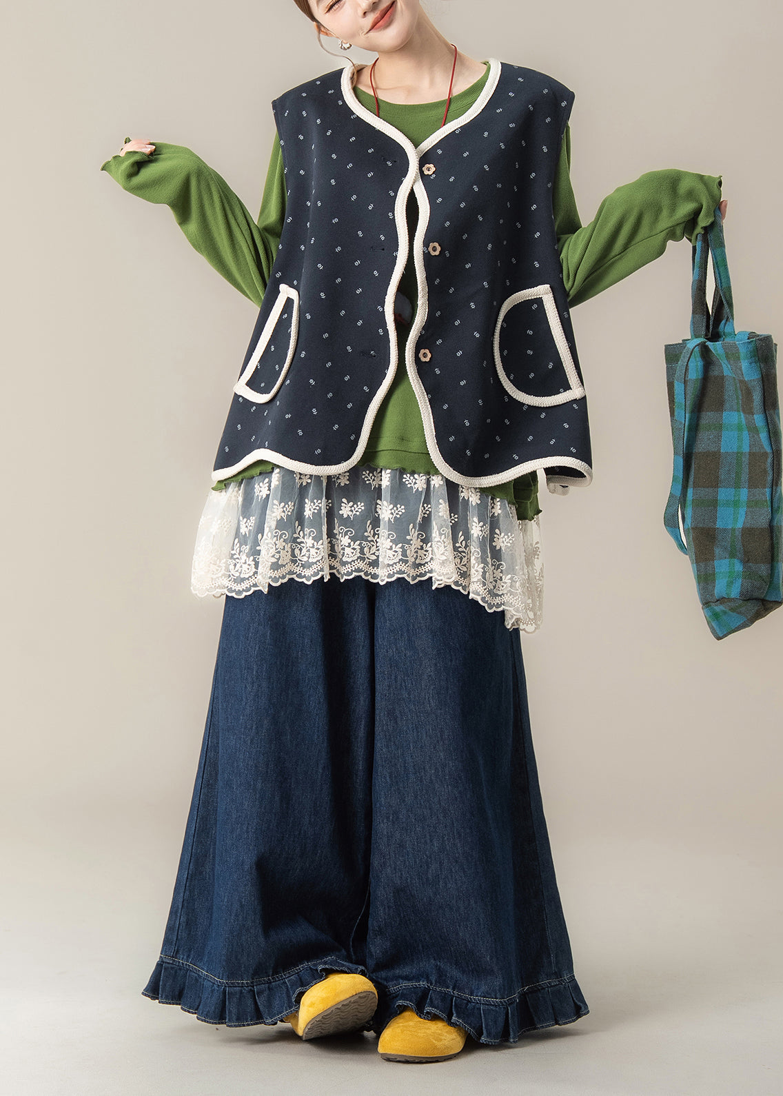 Navy Print Vest T Shirt and Pants Cotton Three Pieces Set Spring