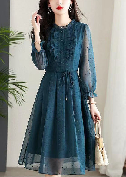 Navy Ruffled Tie Waist Patchwork Chiffon Dress Summer