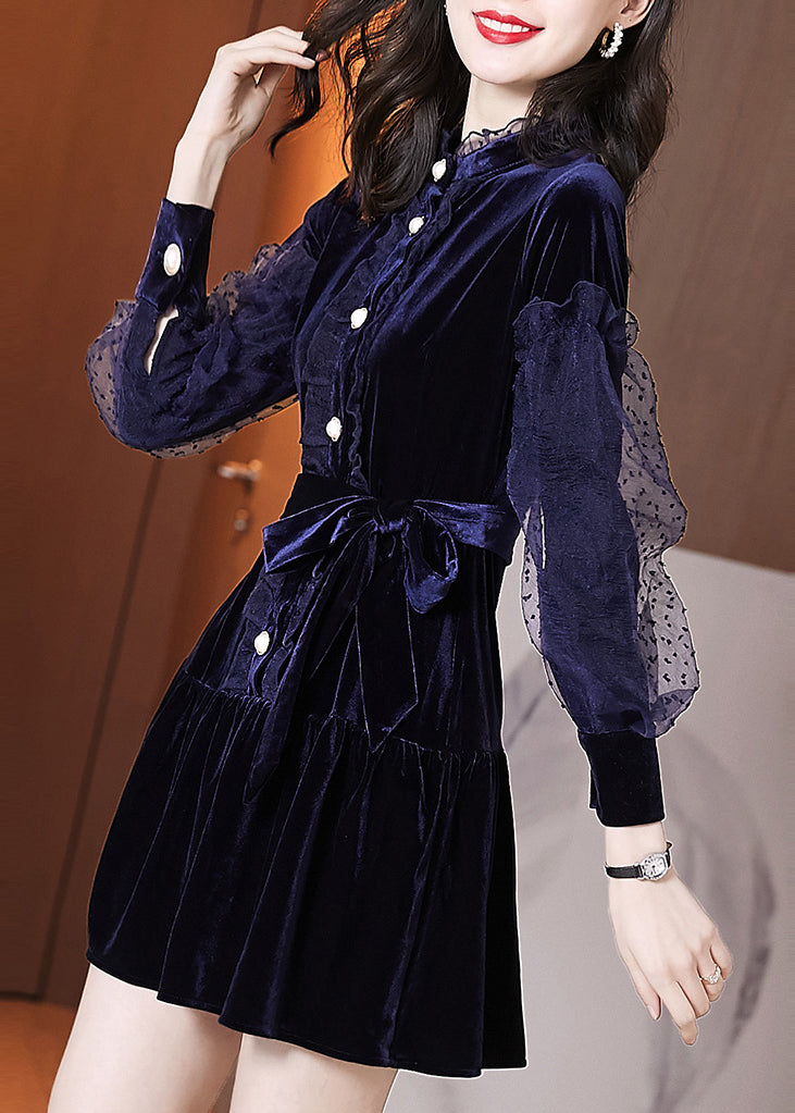 Navy Ruffled Tie Waist Patchwork Velour Dresses Puff Sleeve
