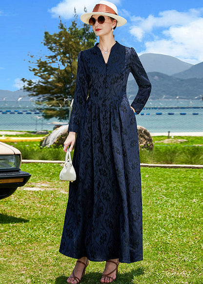 Navy V Neck Jacquard Wrinkled Silk a Line Dress Fall