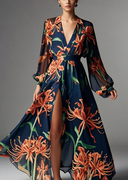 Navy V Neck Print Chiffon Beach Dresses Spring