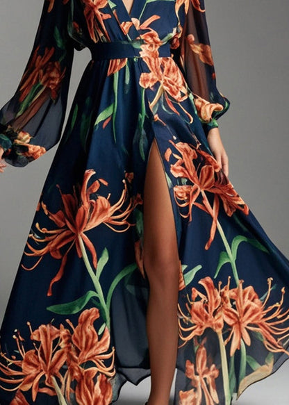 Navy V Neck Print Chiffon Beach Dresses Spring
