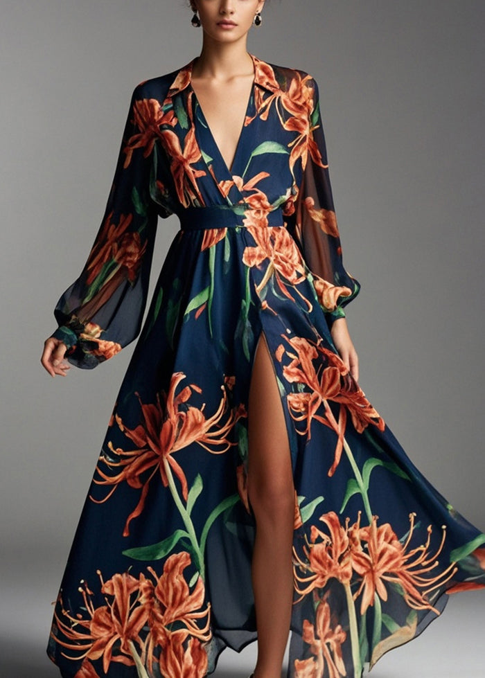 Navy V Neck Print Chiffon Beach Dresses Spring