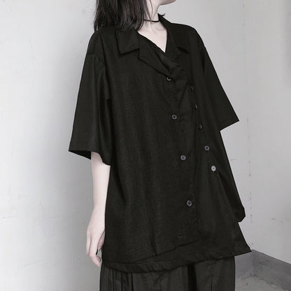 Notched Patchwork Tunic Shape Black Blouses