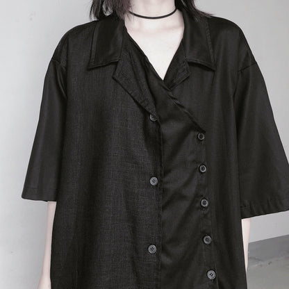 Notched Patchwork Tunic Shape Black Blouses