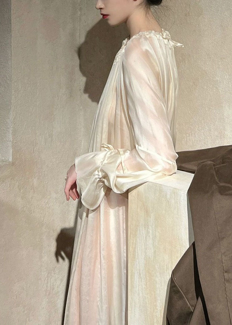 Nude Ruffled Lace Up Patchwork Ice Silk Dresses Long Sleeve