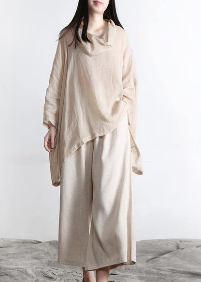 Nude Turtle Neck Batwing Sleeve Two Piece Set Clothing Summer Linen