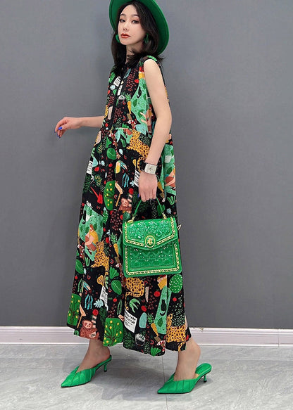 O-neck Print Button Pockets Long Dress Sleeveless