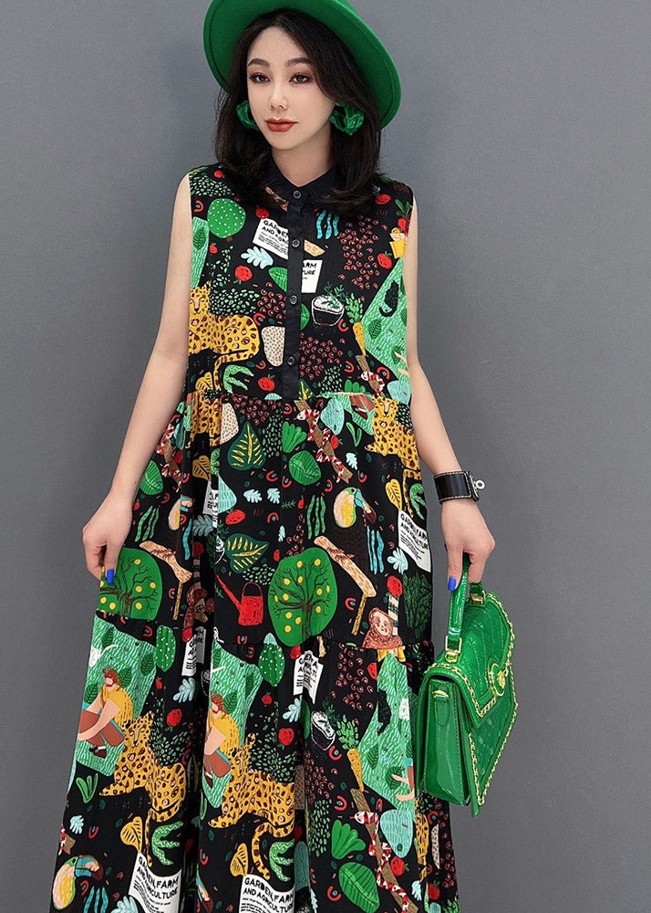 O-neck Print Button Pockets Long Dress Sleeveless