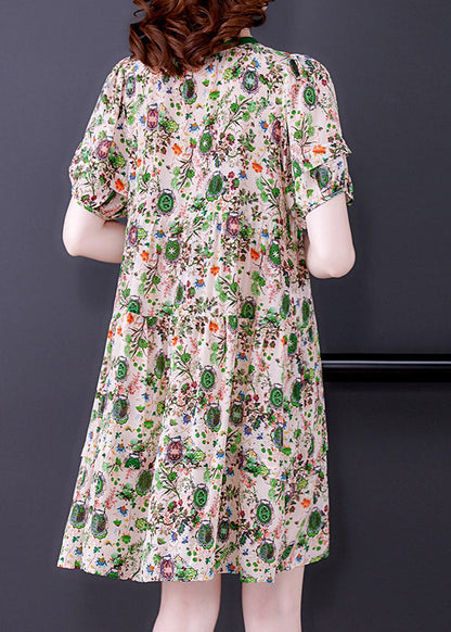 O-neck Print Wrinkled Chiffon Mid Dresses Short Sleeve