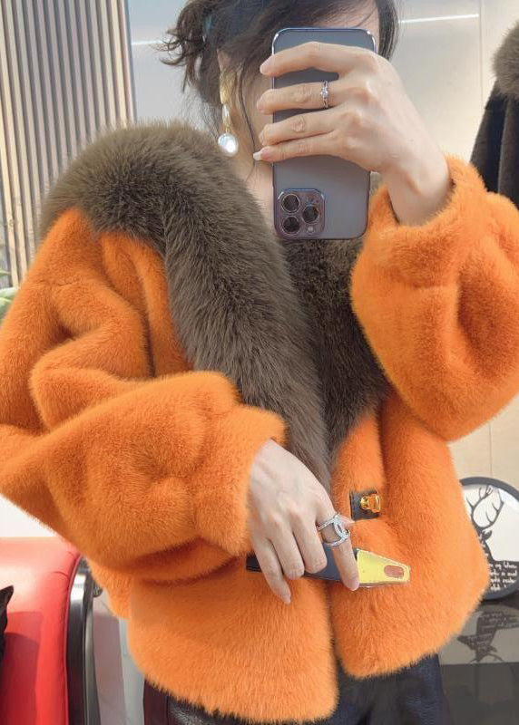 Orange Fur Collar Leather and Fur Coats Winter