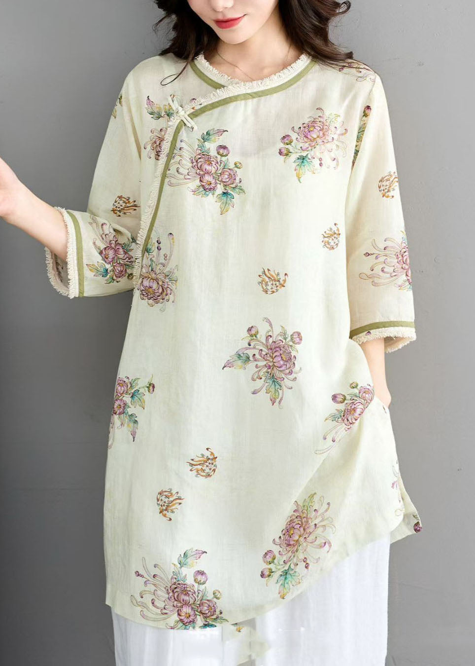Orange O Neck Print Tassel Linen Top Summer