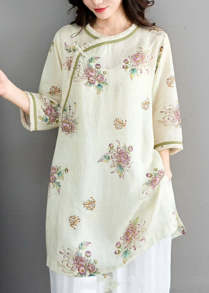 Orange O Neck Print Tassel Linen Top Summer