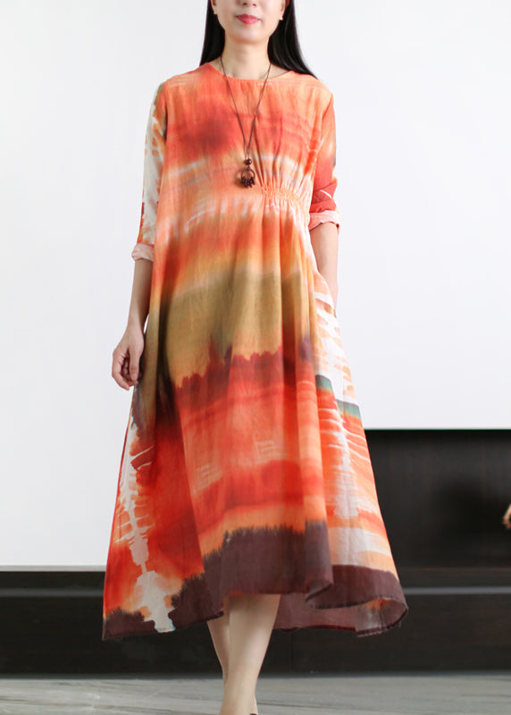 Orange O-neck Wrinkled Asymmetrical Linen Dress Long Sleeve