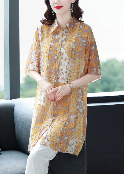 Orange Peter Pan Collar Print Button Chiffon Blouse Top Half Sleeve