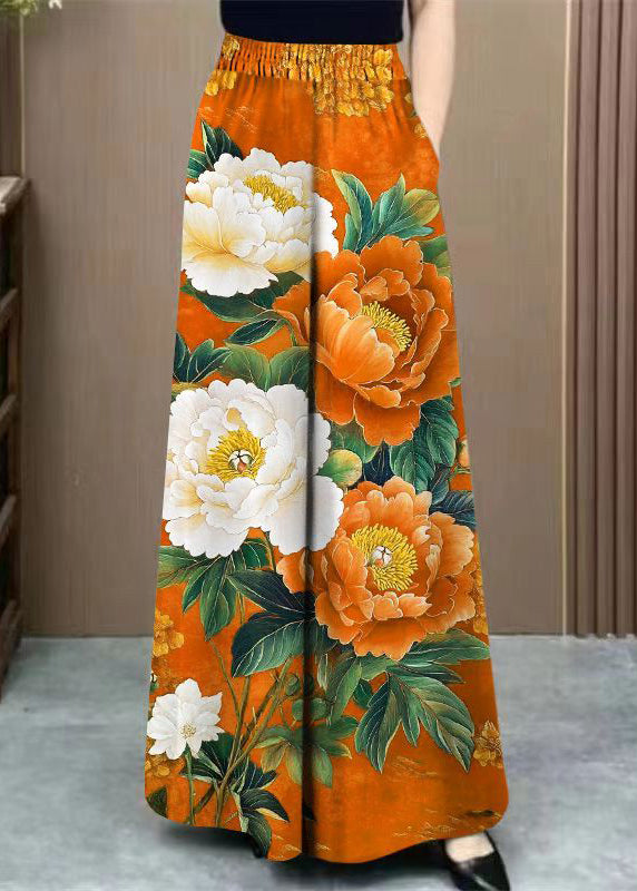 Orange Print Pockets Cotton Wide Leg Pants Elastic Waist