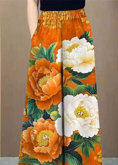 Orange Print Pockets Cotton Wide Leg Pants Elastic Waist
