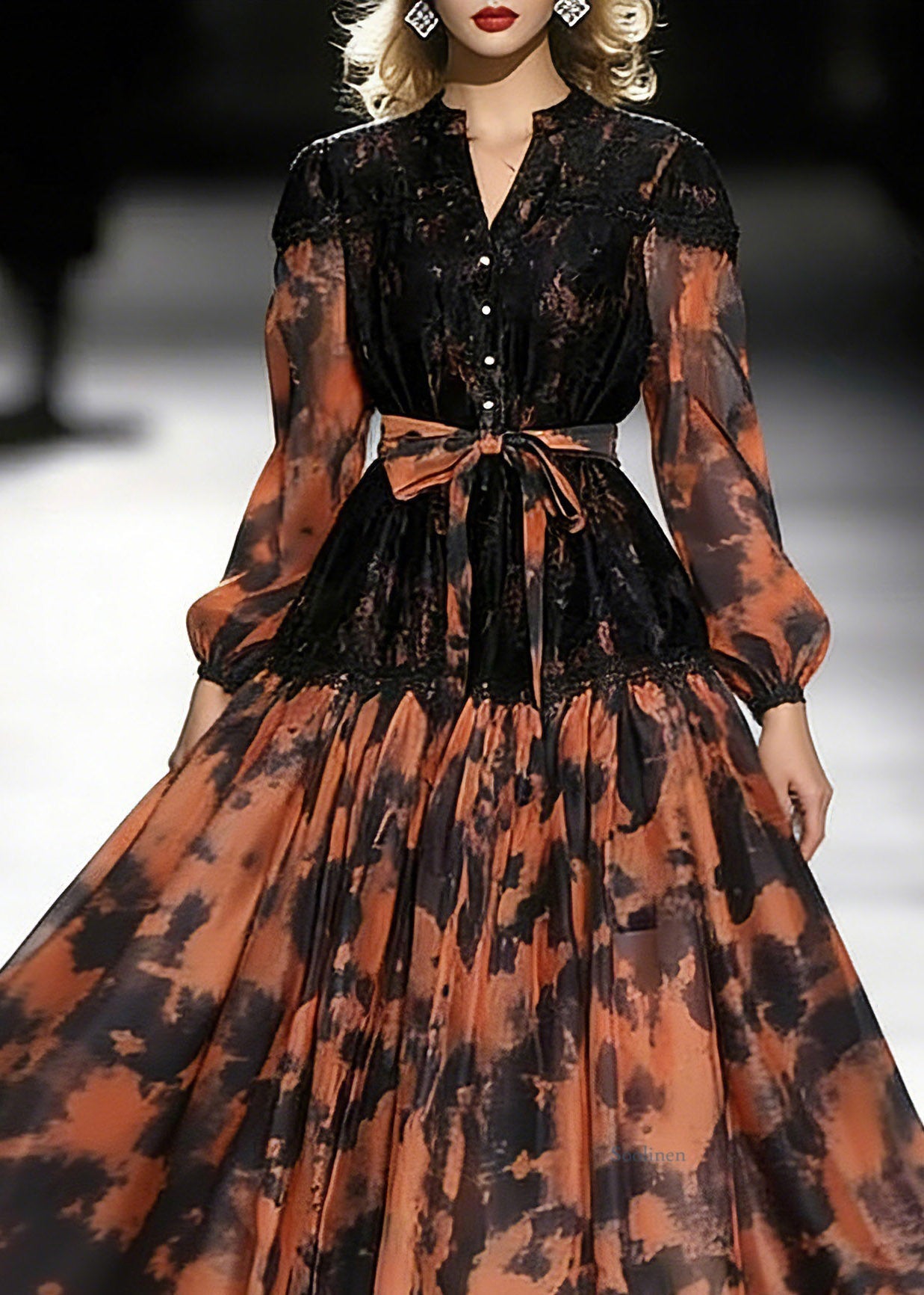 Orange Print Tie Waist Chiffon Long Dress Lantern Sleeve