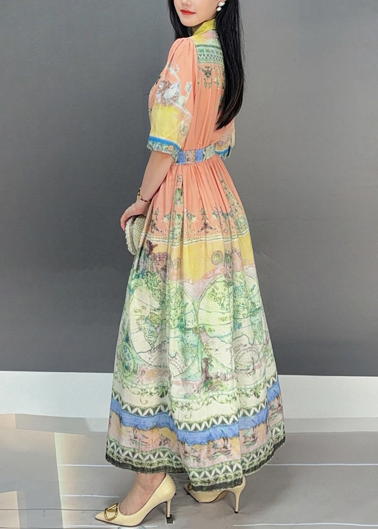 Orange Print Tie Waist Cotton Long Dresses Summer