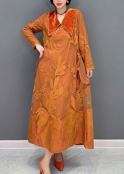 Orange Sailor Collar Embroideried Thick Tulle Dress Winter
