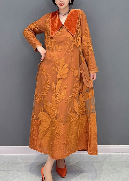 Orange Sailor Collar Embroideried Thick Tulle Dress Winter