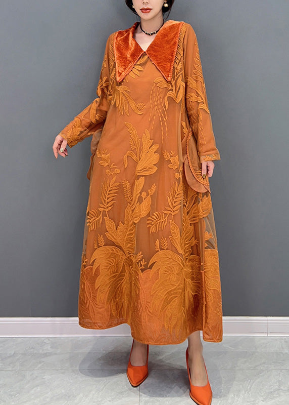 Orange Sailor Collar Embroideried Thick Tulle Dress Winter