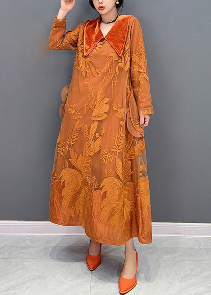 Orange Sailor Collar Embroideried Thick Tulle Dress Winter