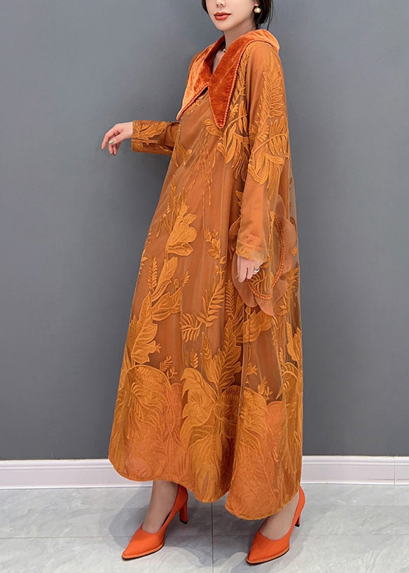 Orange Sailor Collar Embroideried Thick Tulle Dress Winter