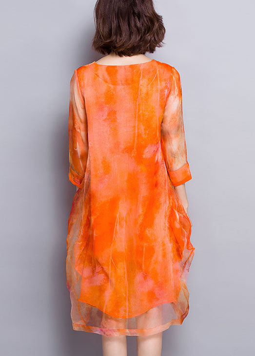 Orange V Neck Print Layered Design Silk Vacation Dress Half Sleeve