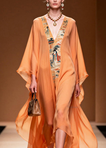 Orange V Neck Print Patchwork Chiffon Dress Spring