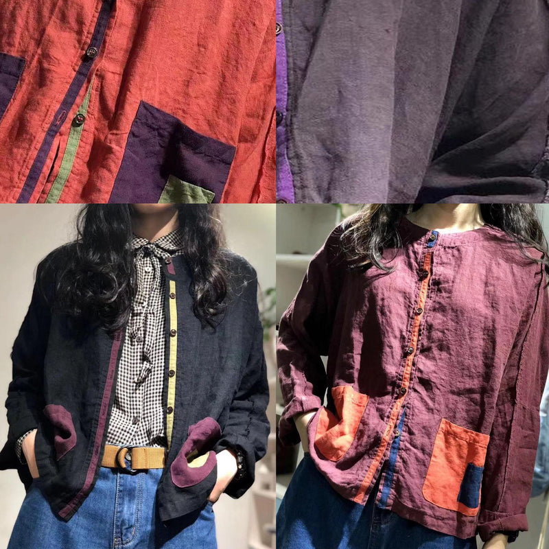 Patch Pockets Linen Shirts Tunic Tops Black Top Fall