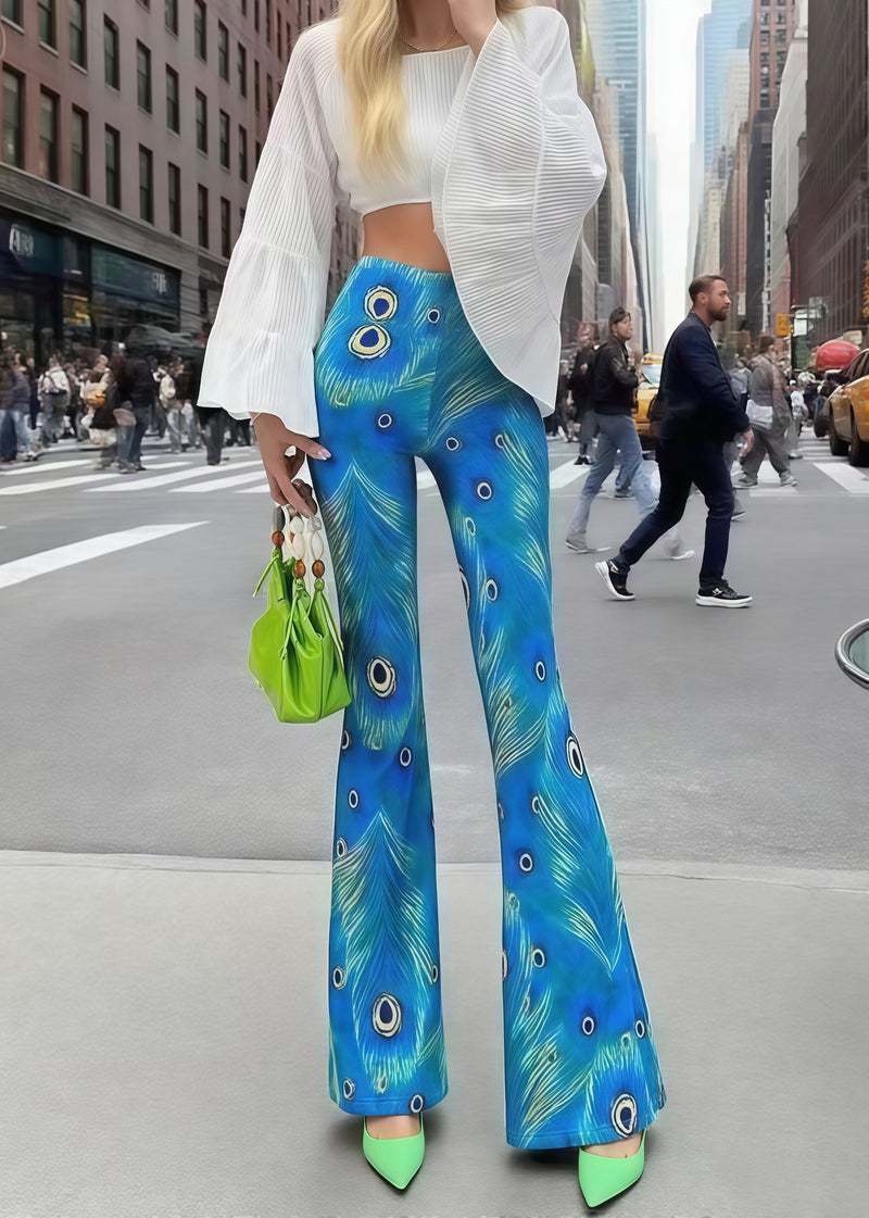 Peacock Blue Print Butt Scrunch Flared Trousers Fall