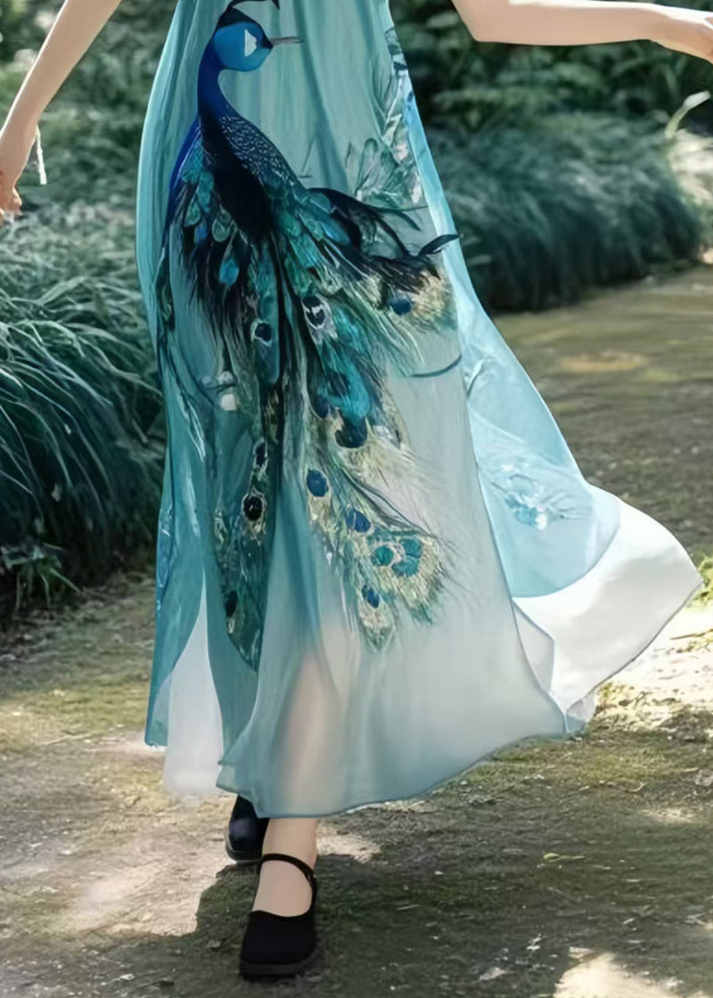 Peacock Blue Print Chiffon Beach Dress Summer