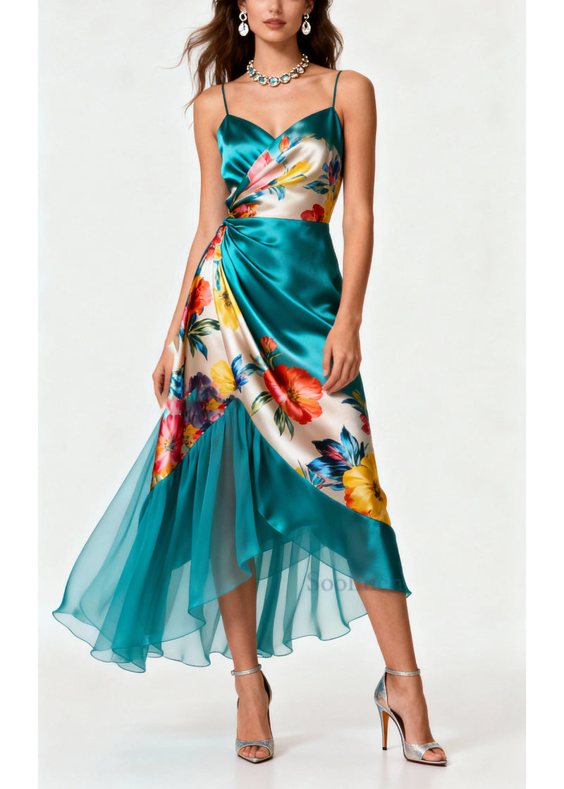 Peacock Green Asymmetrical Patchwork Tulle Silk Cami Dress Summer