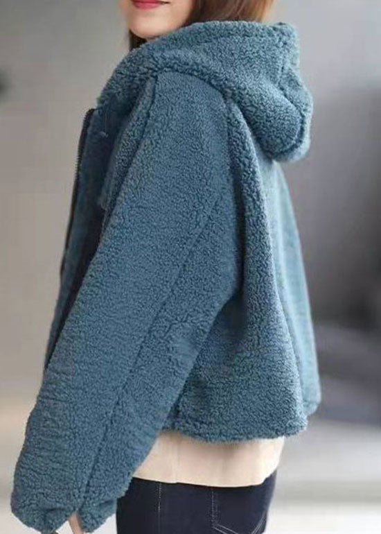 Peacock Blue Hooded Faux Fur Coat Winter