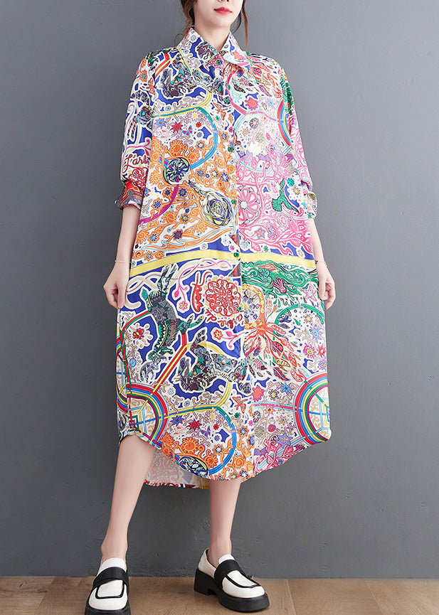 Peter Pan Collar Print Button Maxi Shirts Dresses Spring