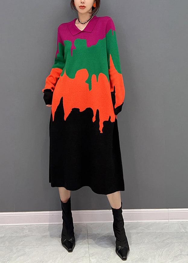 Peter Pan Collar Print Patchwork Knit Dress Fall