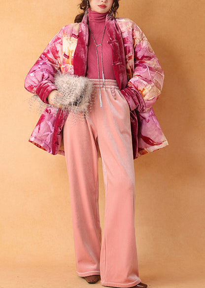 Pink Cinched Print Duck Down Silk Velour Coat Winter