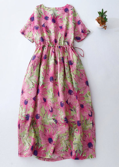 Pink Cinched Print Linen Vacation Dresses Summer