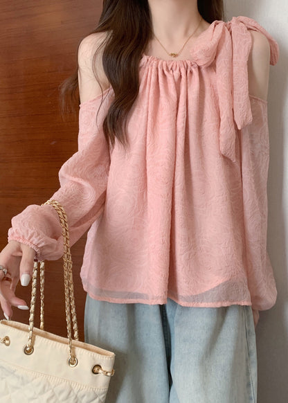 Beautiful Pink Cold Shoulder Bow Chiffon Shirt Tops Fall